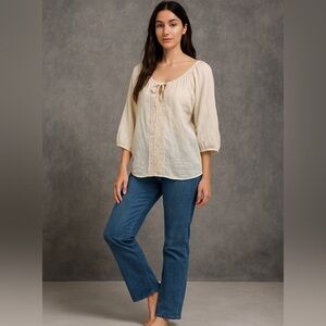 Women’s XL Top Long Sleeve Ivory Crochet Cottage Coquette Peasant Hippie prairie